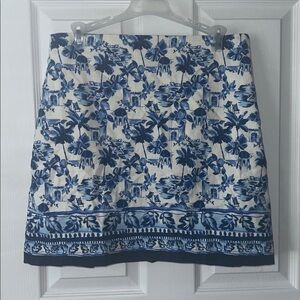 LOFT blue & cream floral printed cotton blend skirt, fully-lined, NWOT